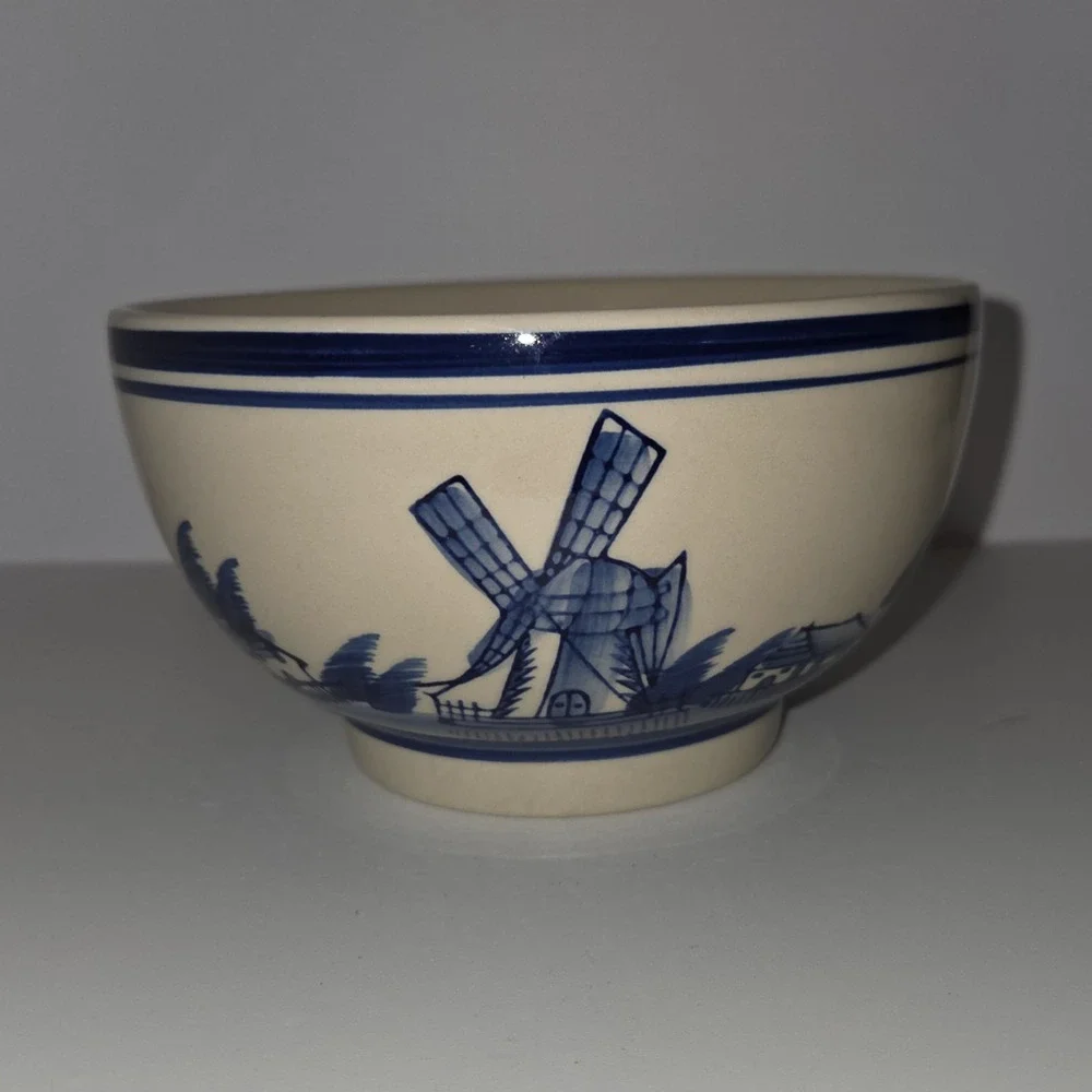 Vintage Delft Style Blue & White Ceramic Bowl - Hand Painted Windmill Pattern